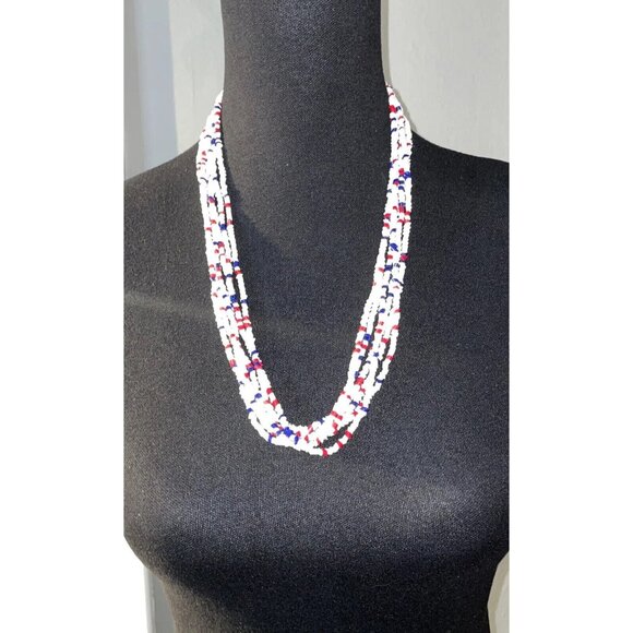 Unbranded Jewelry - Vintage Red White & Blue Beaded Necklace 6‎ Strand 25” Long Statement Patriotic